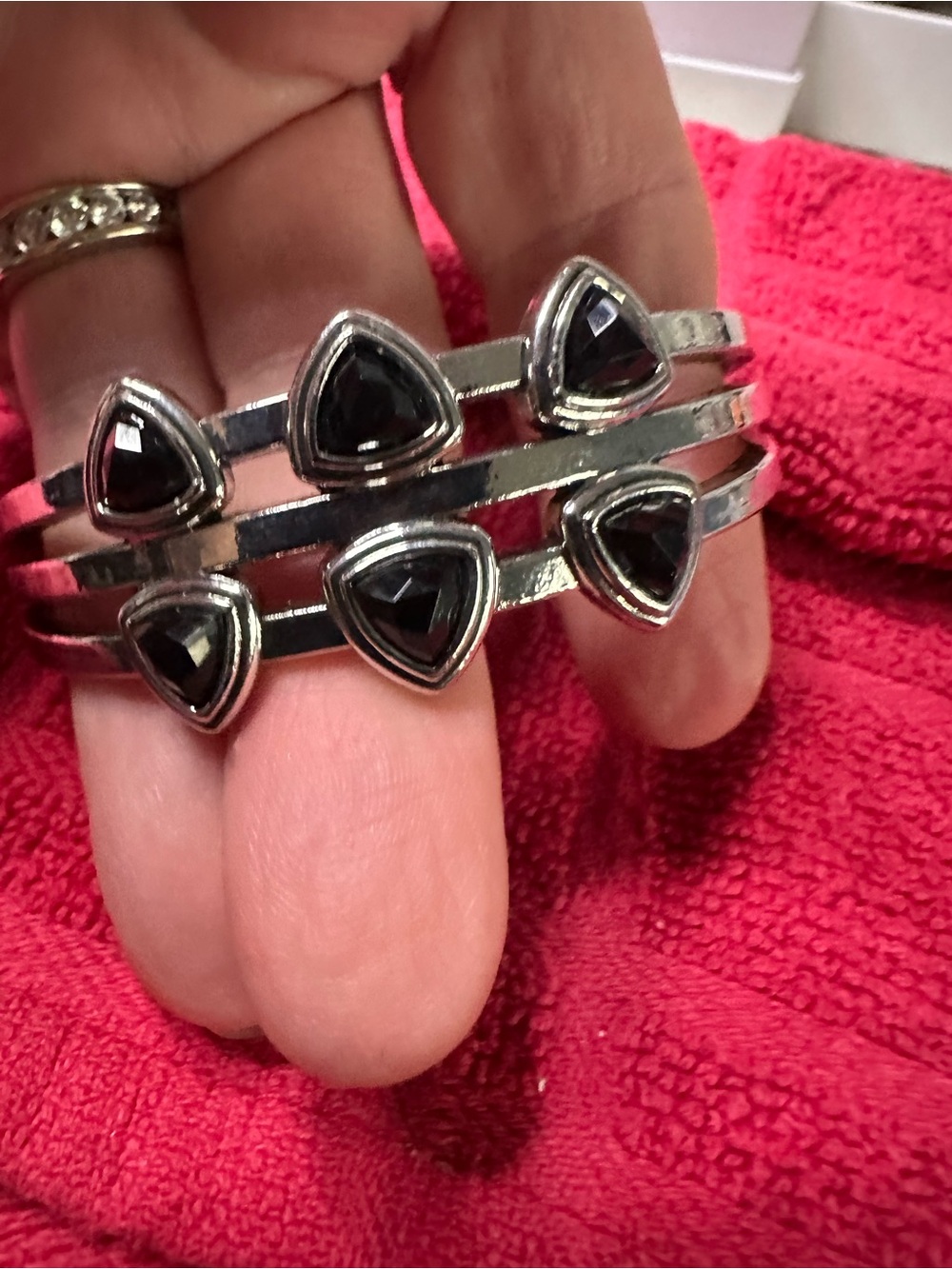 Unlisted Silver-Tone Triple Cuff Bracelet with Black Triangular Stones